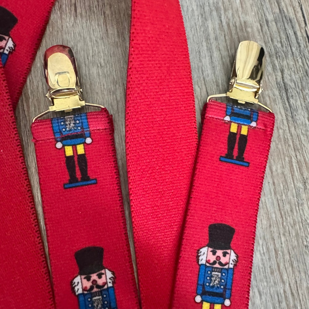 Red Nutcracker Christmas Suspenders Y-Back Gold Tone Hardware Adjustable Clips